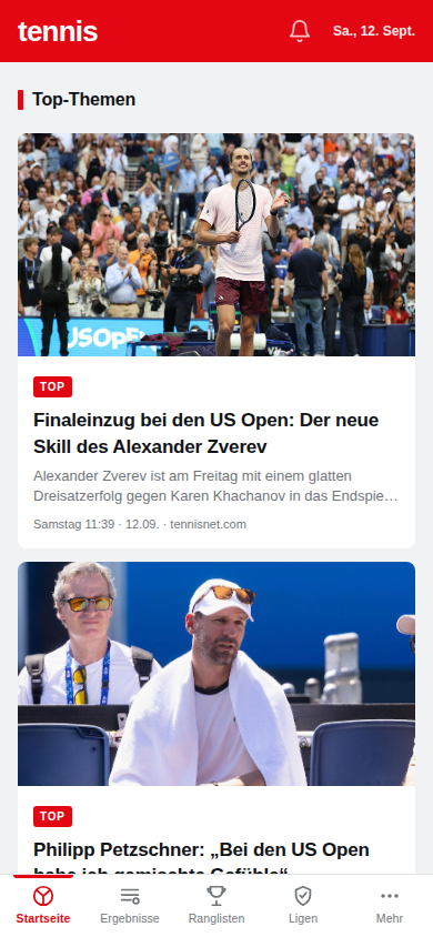 Startseite der Tennis-App mit Top-Themen und Live-Ergebnissen